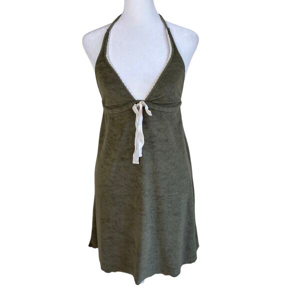 Lucky Brand Vtg Y2K Terry Cloth Swim Cover-up Dress Olive Green Halter Neck - Picture 1 of 16